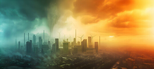 City that smoke from factory and surrounded with dust and pollutions.  - obrazy, fototapety, plakaty