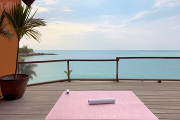 Fototapeta premium beach view from balcony with pink yoga mat, luxury yoga training 