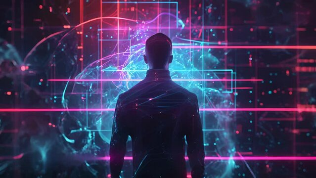 A holographic portrait of a futuristic hacker wearing a sleek black outfit surrounded by swirling lines of code and a neon grid background.