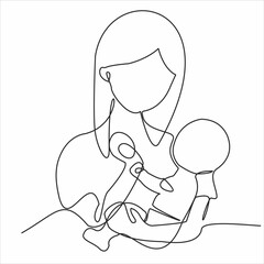 continuous single drawn one line of breastfeeding woman child drawn silhouette image. line art. mother character feeding newborn baby