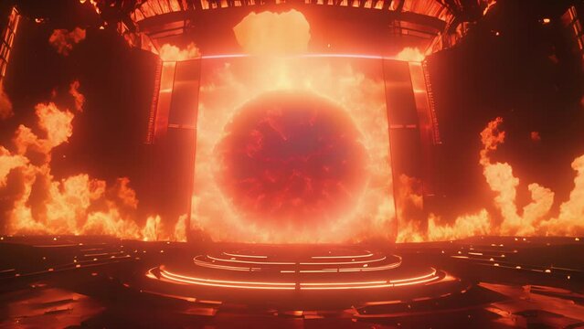 The concert stage glows with fervent waves of flames setting the scene ablaze for a fiery performance.