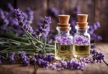 wooden lavender flowers Bottles essential oil background