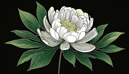 Peony blossom with green leaves on black background poster presentation ad backdrop floral design element