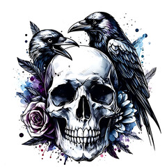 Fototapeta premium illustration design logo skull and bird style watercolor