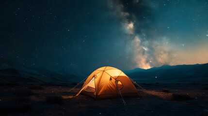 tent is lit up on the field with stars above, in the style of dark yellow and light beige, photo-realistic landscapes,