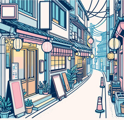 Minimal japanese food alley vector illustration, pastel color