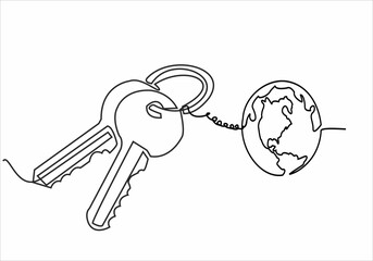 continuous line drawing of house keys with globe shaped keychain, real estate concept, isolated on white background. vector