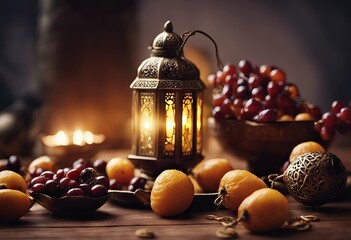 Egyptian Ramzan Arabian background photo placed Rosary Close date fruits Islamic lantern - obrazy, fototapety, plakaty