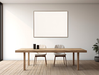 interior of a room , empty Dining Kitchen with Wooden Floor and Table ,chairs and empty frame on wall , window , cup , light ,white wall,vase with plant in it , interior design ,mockup for products