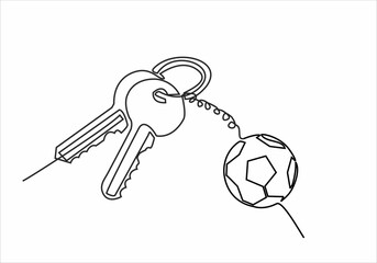 continuous line drawing of house keys with ball-shaped keychain, real estate concept, isolated on white background. vector