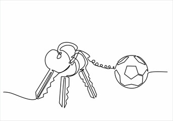 continuous line drawing of house keys with ball-shaped keychain, real estate concept, isolated on white background. vector