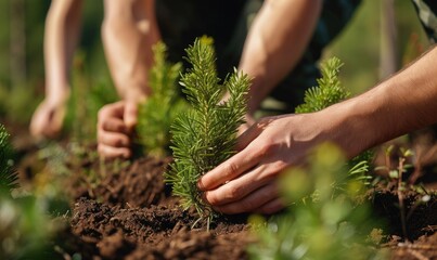 volunteers plant pine trees - reforestation of forests and mountains - obrazy, fototapety, plakaty