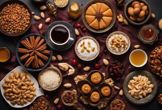 dried collection teaTop copy Served CuisineMiddle tasty nuts Delicious oriental desserts fruitshoney view Arabic Eastern syrup space desserts traditional Ramadan © akkash jpg