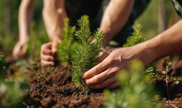 volunteers plant pine trees - reforestation of forests and mountains