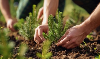 Fototapeta premium volunteers plant pine trees - reforestation of forests and mountains