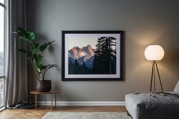 Frame mockup, ISO A paper size. Living room wall poster mockup. Interior mockup with house background. Modern interior design