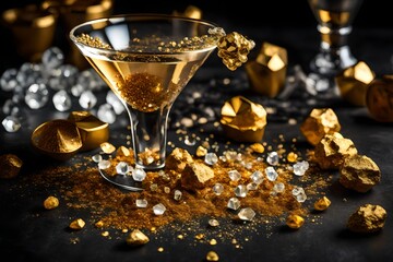 Golden nuggets and crystals spilling out of a martini glass.