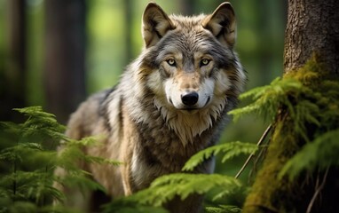 realistic photo of gray wolf in with forest background. generative ai