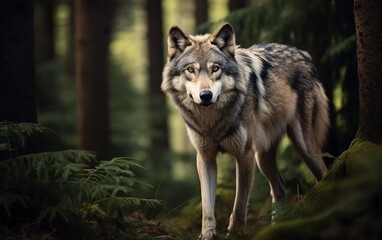 realistic photo of gray wolf in with forest background. generative ai