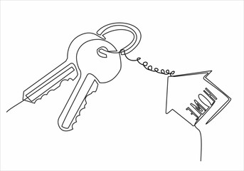 continuous line drawing of house keys with house shaped keychain, real estate concept, isolated on white background. vector