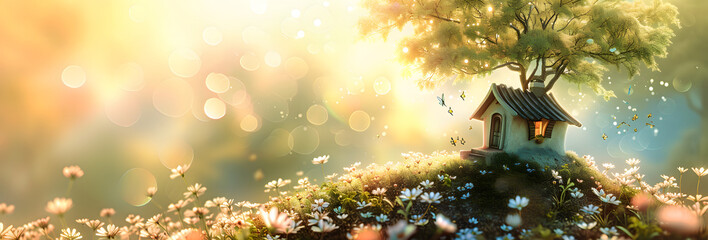 An eco-friendly paper house on moss in a garden, surrounded by green grass and sunlight. This nature-inspired design represents an environmentally conscious approach to housing.