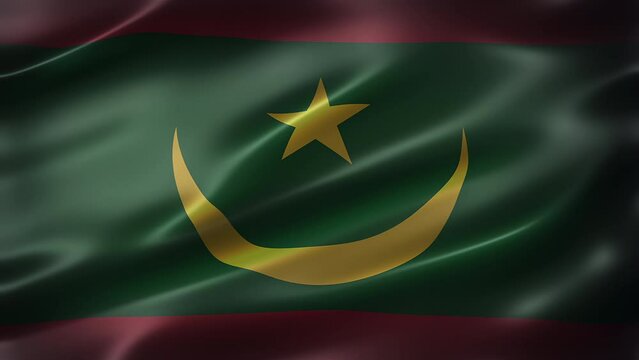 The Flag of Islamic Republic of Mauritania, full frame, front view, glossy, elegant silky texture waving in the wind, movielike feel and look, realistic 4K CG animation seamless loop-able.