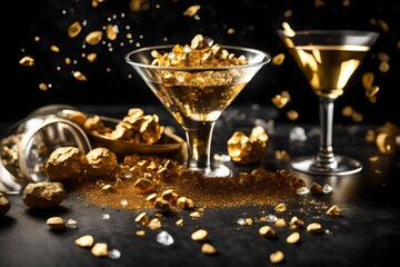 Golden nuggets and crystals spilling out of a martini glass - obrazy, fototapety, plakaty