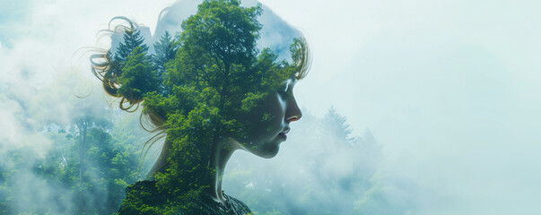 An ethereal double exposure of a woman and a green forest, symbolizing environment protection and sustainability. - obrazy, fototapety, plakaty