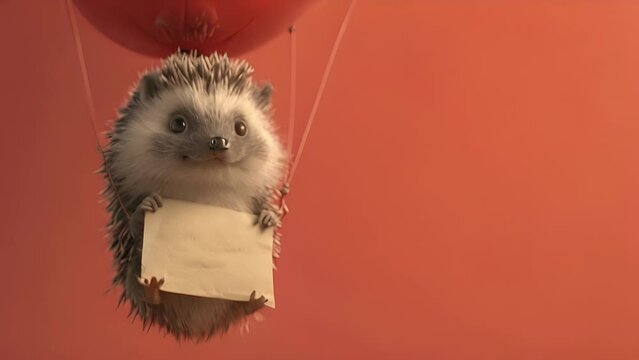 A gy hedgehog clearly participating against its will being lifted in a balloon while holding a sign that reads I only agreed to this because they promised snacks.