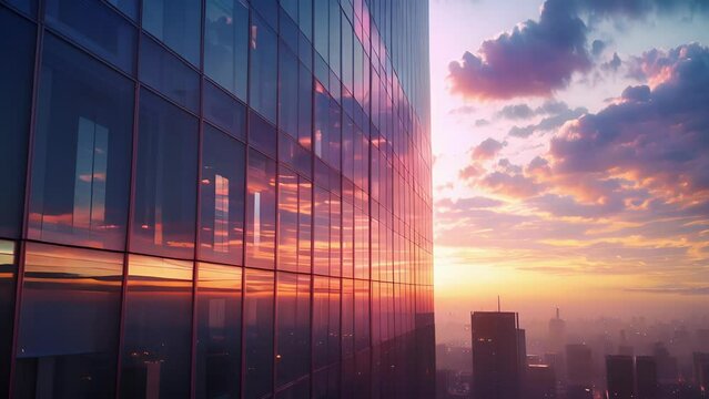 The gl facades of the office building create a beautiful canvas for the skys everchanging colors making every sunset a unique and captivating experience for those inside.