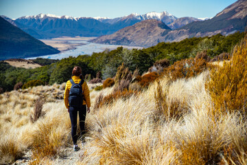 hiker girl walking on a bealey spur track in arthur's pass national park, canterbury, new zealand;...