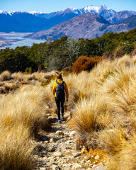 hiker girl walking on a bealey spur track in arthur's pass national park, canterbury, new zealand;...