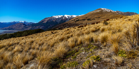 spring panorama of mountains in artur's pass national park, canterbury, new zealand; waimakariri...
