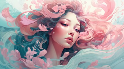 Illustrate a women's beauty with a dreamy color palette of Turquoise and Soft pink tones, complemented by ethereal swirls and flowing typography --ar 16:9 Job ID: 56c1f603-6de4-4c51-b1f9-ba4717657703