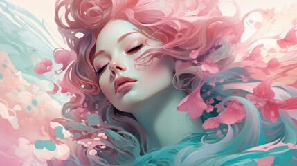 Naklejka premium Illustrate a women's beauty with a dreamy color palette of Turquoise and Soft pink tones, complemented by ethereal swirls and flowing typography --ar 16:9 Job ID: 4474c20d-ea7e-433a-84ce-82f11b9ed83c