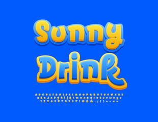 Vector trendy poster Sunny Drink. Yellow and Blue bright Font. Funny Modern Alphabet Letters and Numbers.