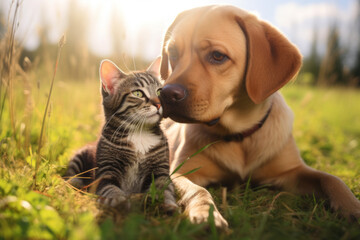 Puppy and kitten playing together outdoor. kissing each other, friend relationship.