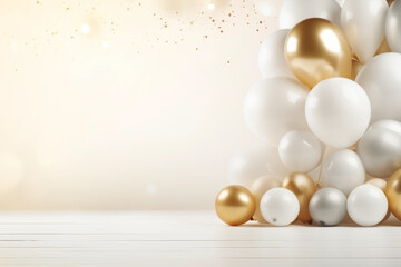 Obraz na płótnie Canvas Birthday gold white balloons with gift boxes. Realistic white decorations for New Year or birthday background. minimalist design.