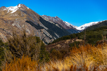 spring panorama of mountains in artur's pass national park, canterbury, new zealand; waimakariri...