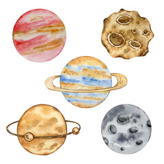 Watercolor planets set, space