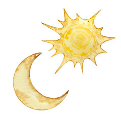 Watercolor moon and sun set, space © SvetaArt