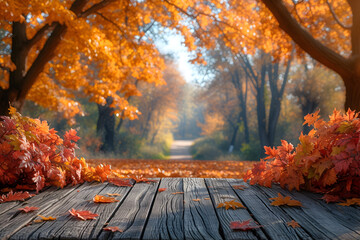 Naklejka na ściany i meble Empty_wooden_table_with_autumn_landscape_banner4 Generative AI