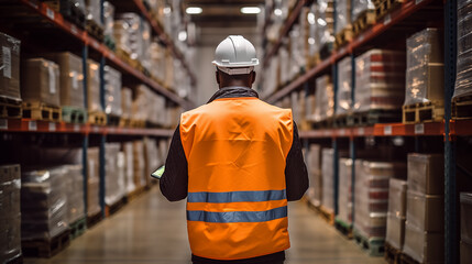 Rear view of a male worker wearing a uniform with a tablet. Check products in the warehouse