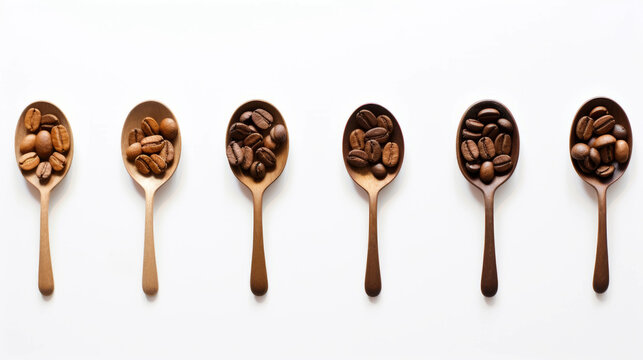 Spoons with coffee beans with different  roasted enrichment levels 