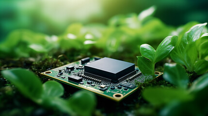 Computer memory board with chip and card Green information technology Environmentally sustainable IT copy space
