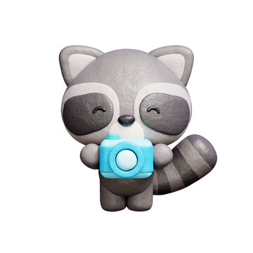 3D cute raccoon holding camera, Cartoon animal character, 3D rendering.
