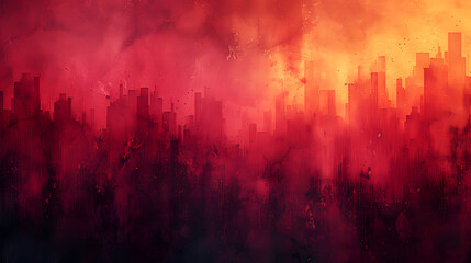 Painting of a City With Red and Yellow Smoke