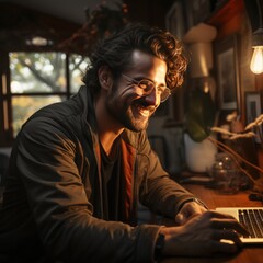 Obraz premium Young man using laptop and smiling 