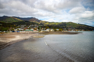 panorama of akaroa - beautiful village on banks peninsula, canterbury, new zealand south island;...