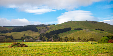 unique, idyllic landscape of banks peninsula near christchurch in canterbury, new zealand; grass...